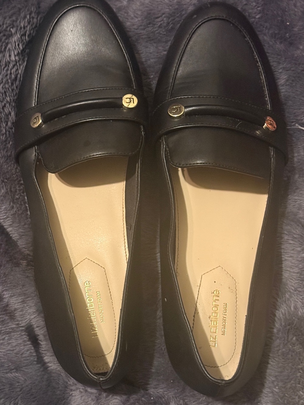 Liz Claiborne Black Leather Slip-On Loafers with Gold Accents